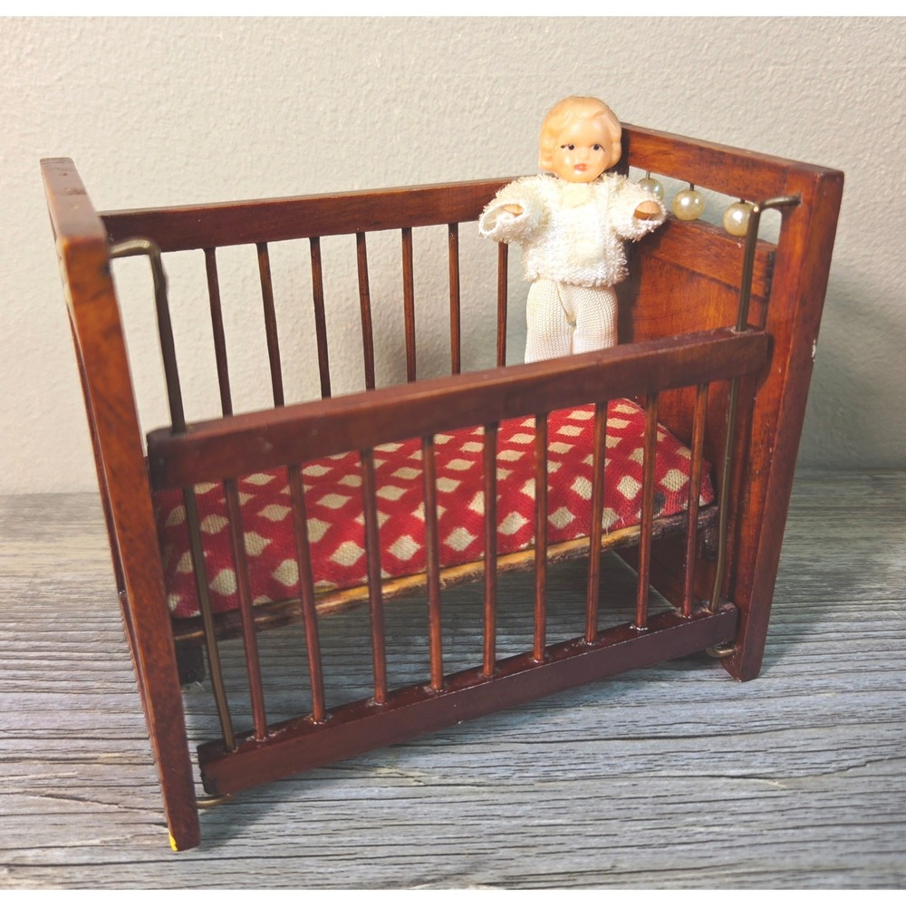 Vtg Dollhouse Miniature Wood Baby Crib 1:12 Scale Nursery Furniture with Doll
